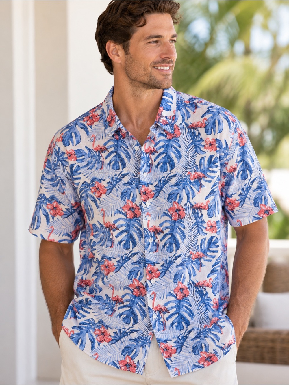 IZOD Saltwater Men’s 4XL Tropical Flamingo Hawaiian Shirt Blue Red